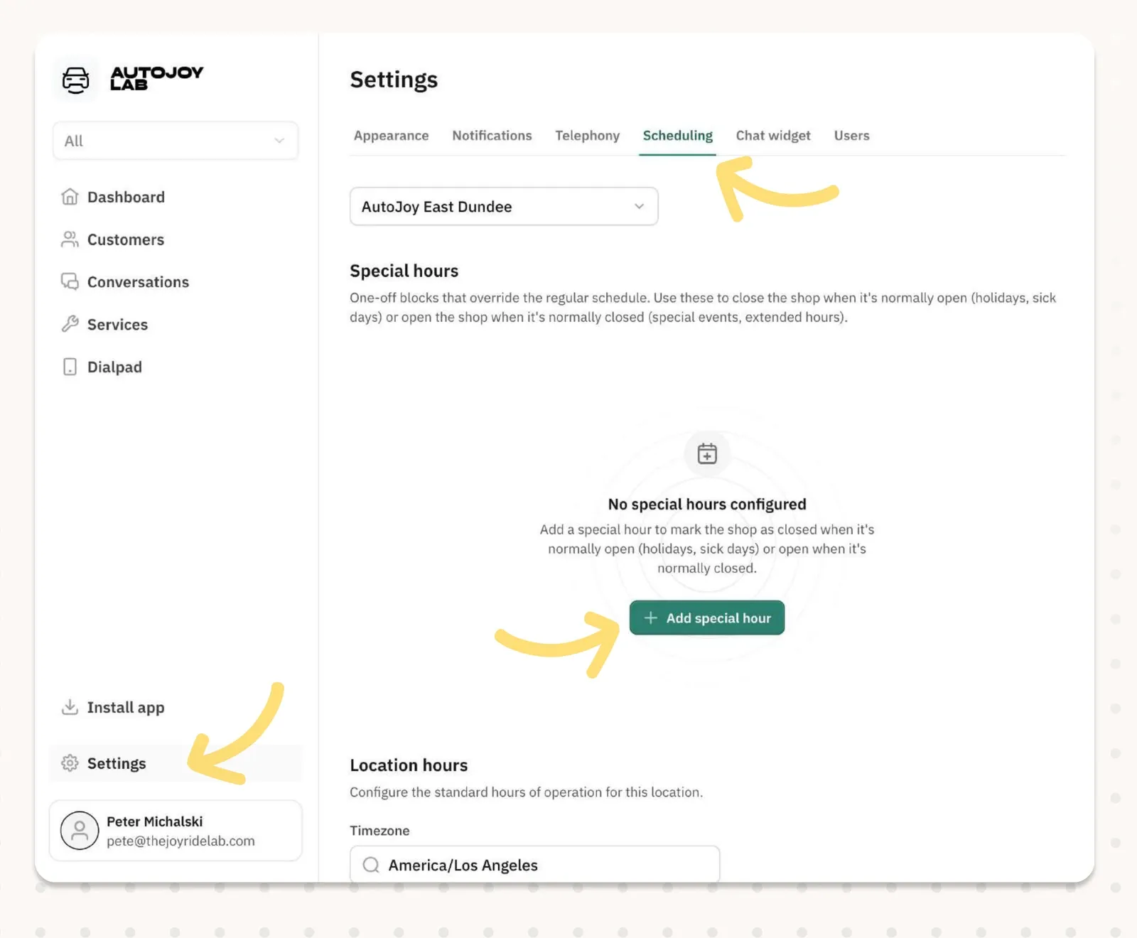 The Scheduling tab in AutoJoy settings, with the Add special hour button in the empty Special hours section